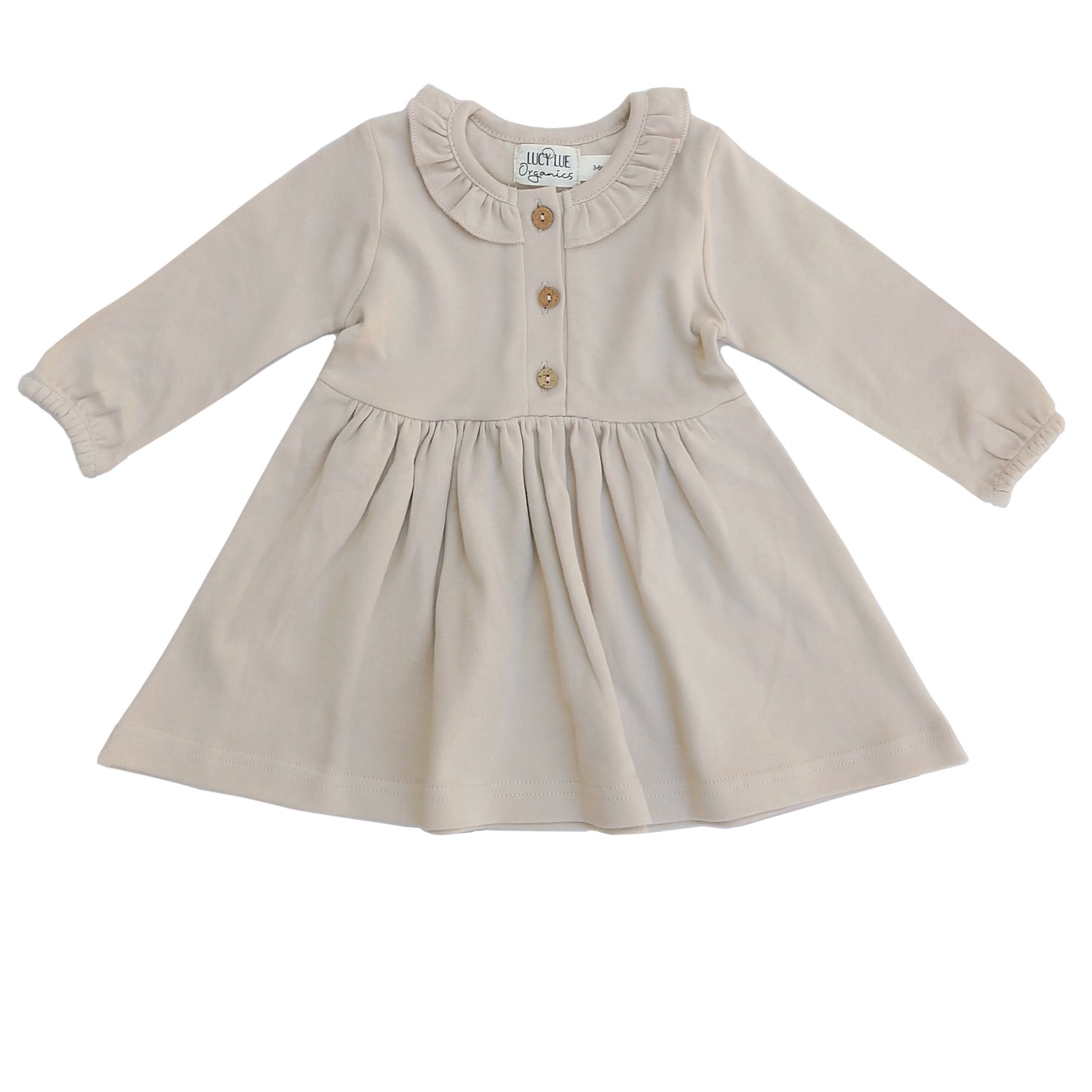 Baby dress. Long sleeve baby girl dress. Winter baby dress. christmas family pics baby dress. Organic baby clothes. vintage baby dress. modern baby clothes. Button dress. Lucy Lue Organics. the best brand for baby girl clothes
