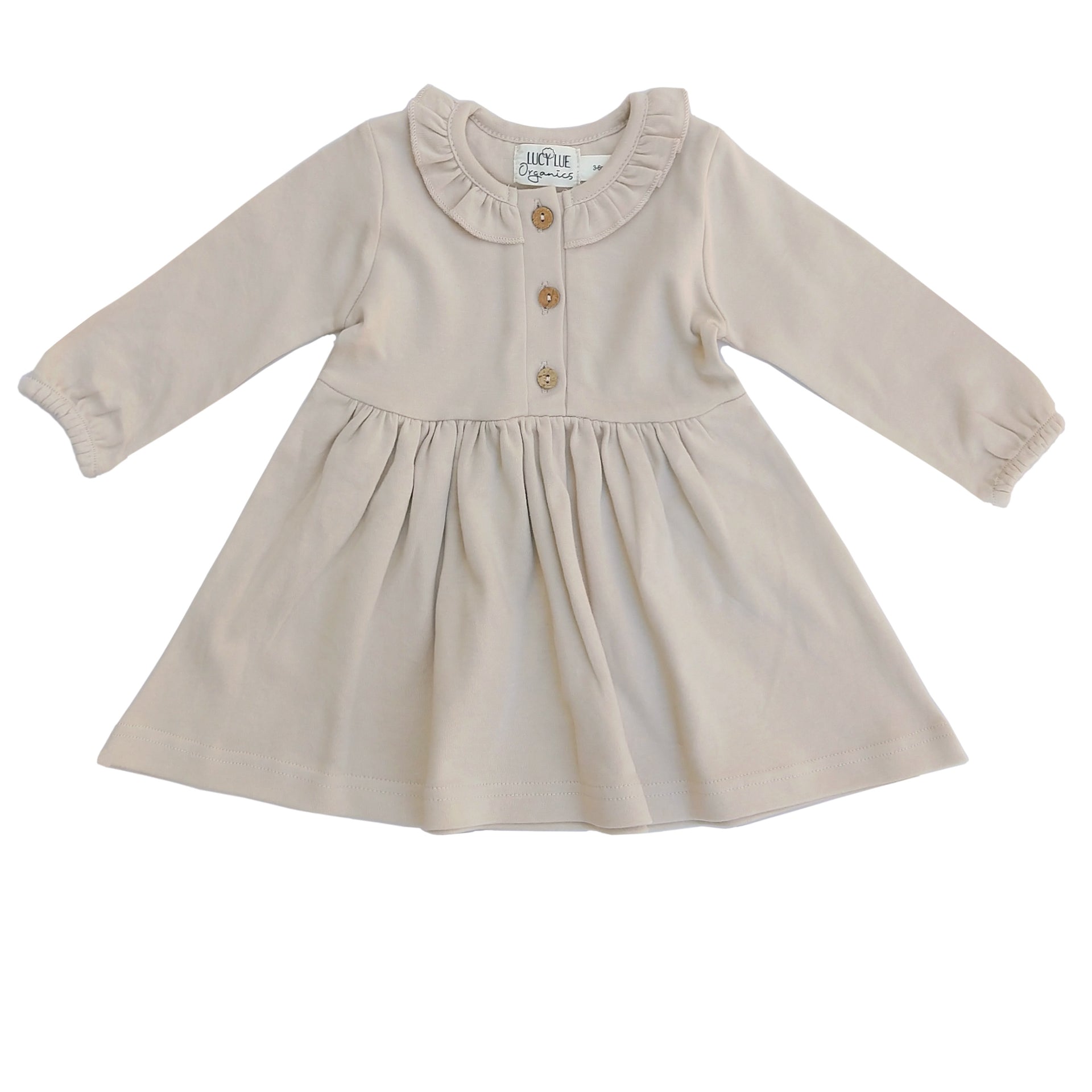 Baby dress. Long sleeve baby girl dress. Winter baby dress. christmas family pics baby dress. Organic baby clothes. vintage baby dress. modern baby clothes. Button dress. Lucy Lue Organics. the best brand for baby girl clothes