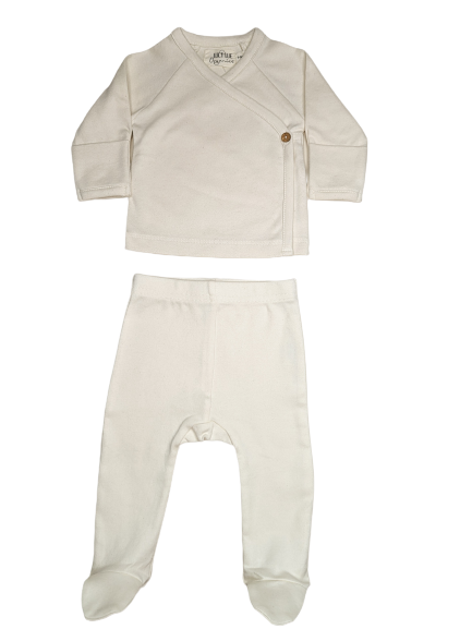 Newborn layette set. Ivory christening baby outfit. Organic baby clothing by Lucy Lue Organics. Top and bottom set baby infant boy girl . Newborn kimono cardigan set