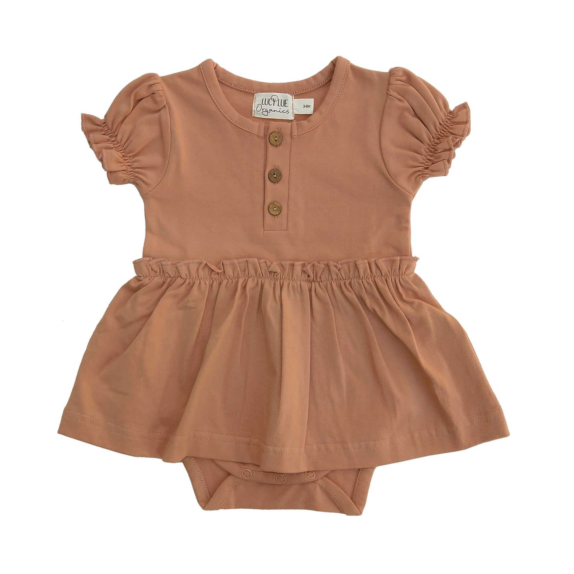 Organic skirted bodysuit. Baby girl dress. Organic baby clothes. Modern baby lcothes. Lucy Lue Organics. button dress for baby girl. Vintage baby girl clothes