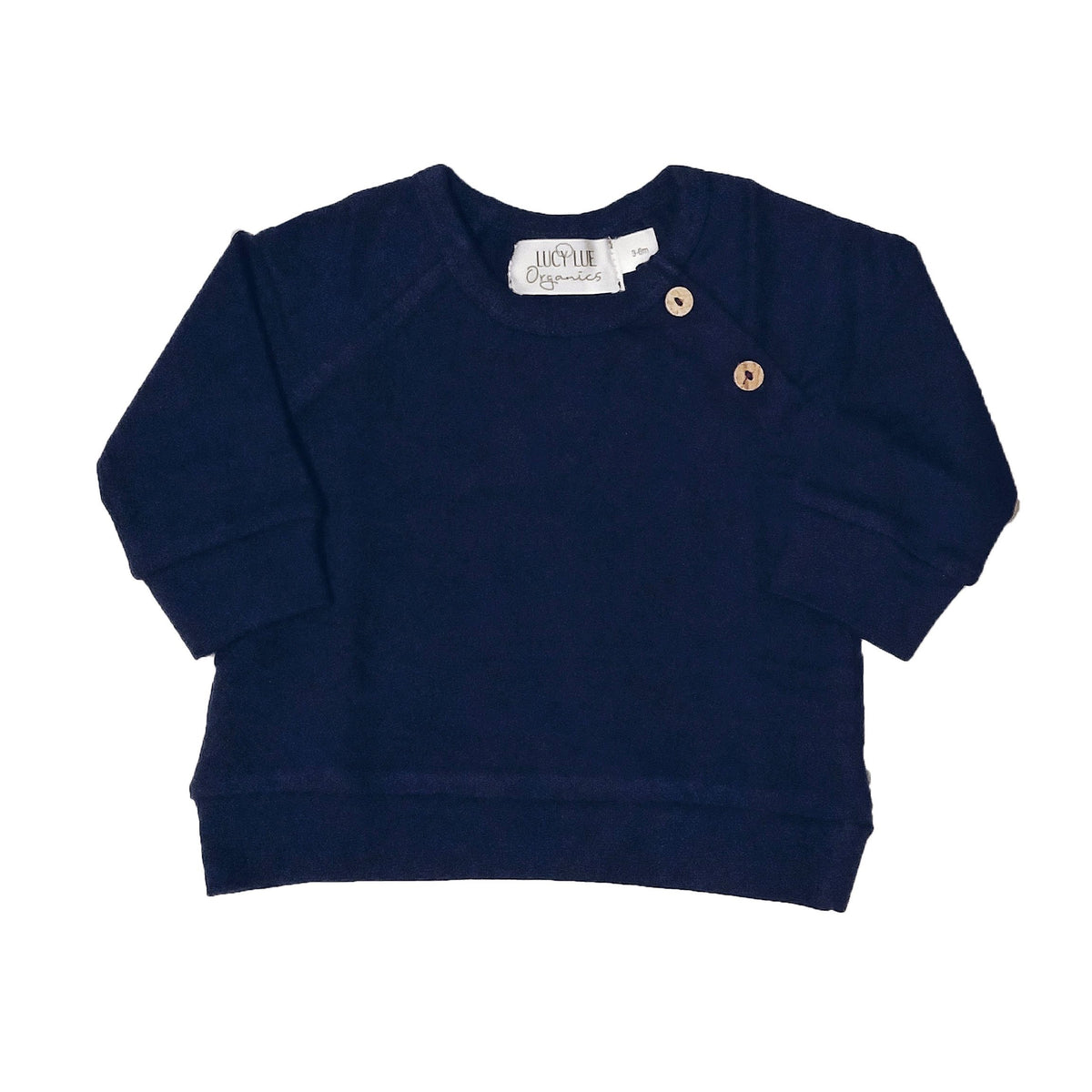 Organic cotton navy blue sweatshirt by Lucy Lue Organics. A favorite baby brand for organic clothes. Pullover baby shirt