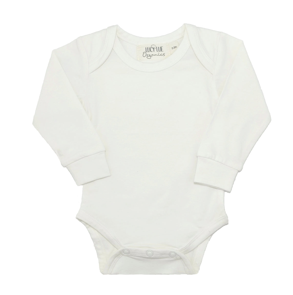 Best selling long sleeve organic baby bodysuit romper one-piece in the softest organic cotton fabric. Made by Lucy Lue Organics.  Popular gender neutral ivory color. Baby list must-have. Newborn take home outfit. Baby clothing. Baby clothes