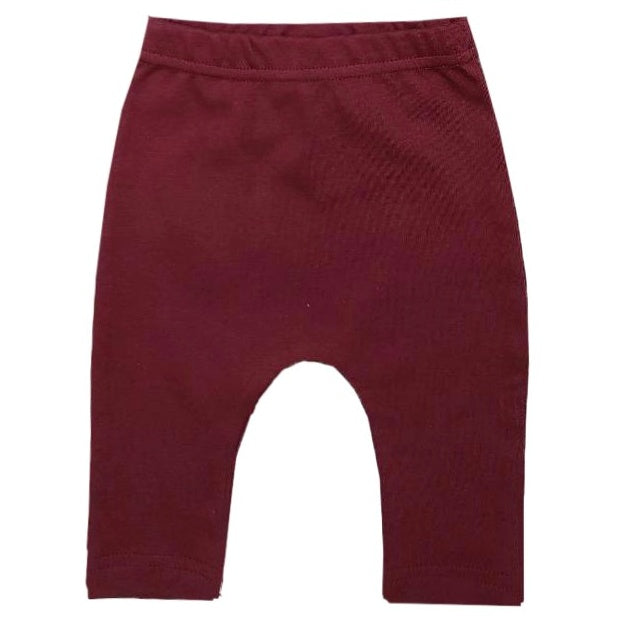 organic baby harem pants burgundy baby leggings soft cotton baby pants newborn relaxed fit diaper friendly baby bottoms summer baby clothing styles Lucy Lue organics best brand for baby shopping gifts