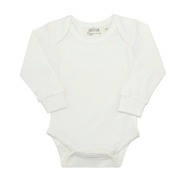 Best selling long sleeve organic baby bodysuit romper one-piece in the softest organic cotton fabric. Made by Lucy Lue Organics.  Popular gender neutral ivory color. Baby list must-have. Newborn take home outfit. Baby clothing. Baby clothes