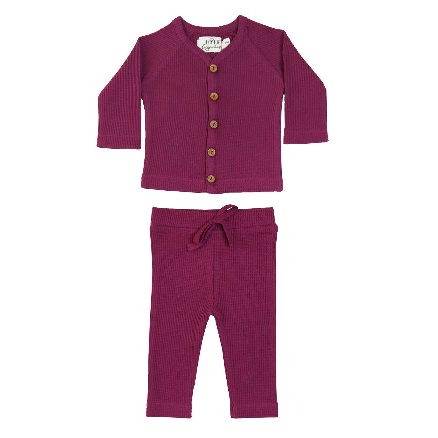 A newborn baby outfit set consisting of a purple organic waffle top and pants.