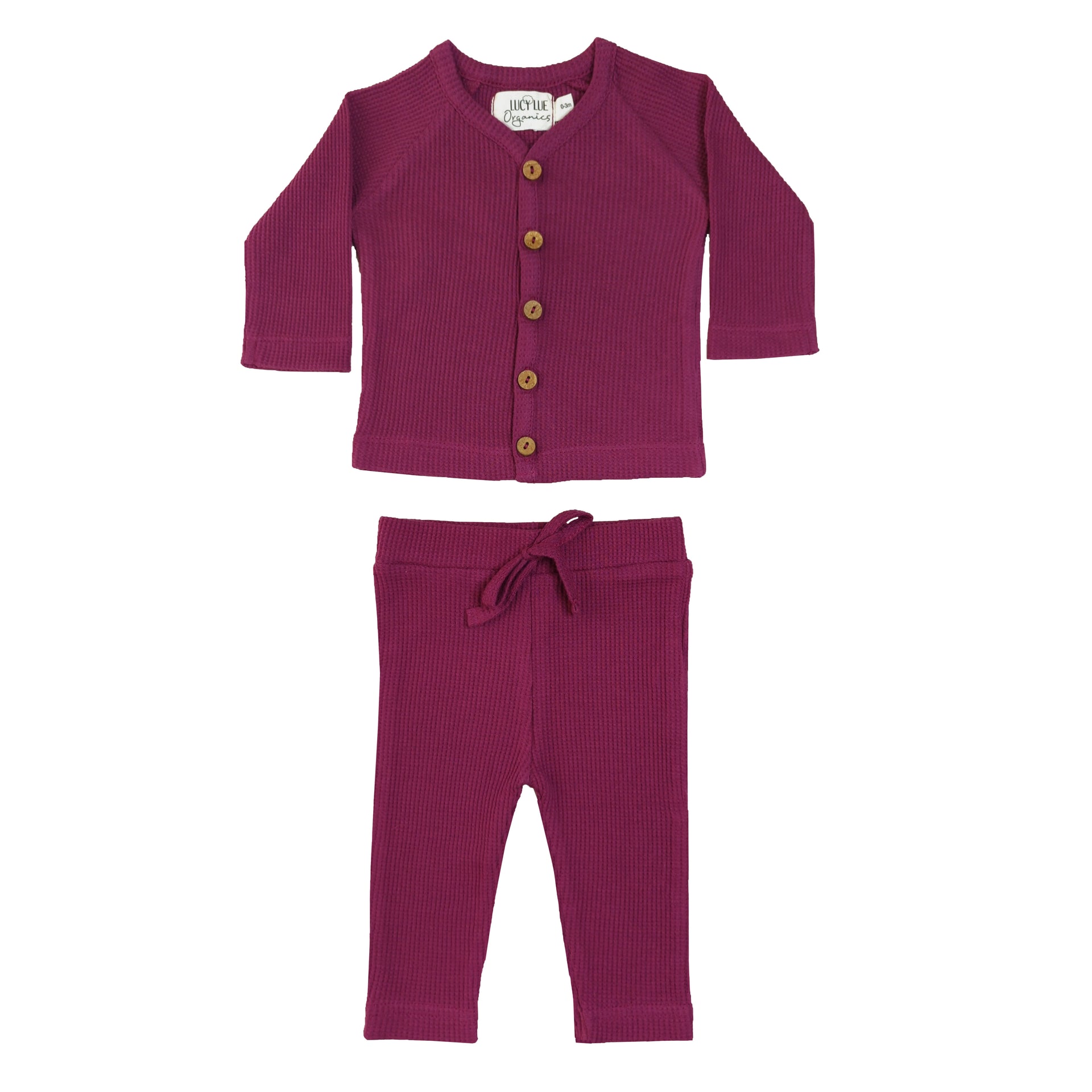 A newborn baby outfit set consisting of a purple organic waffle top and pants.