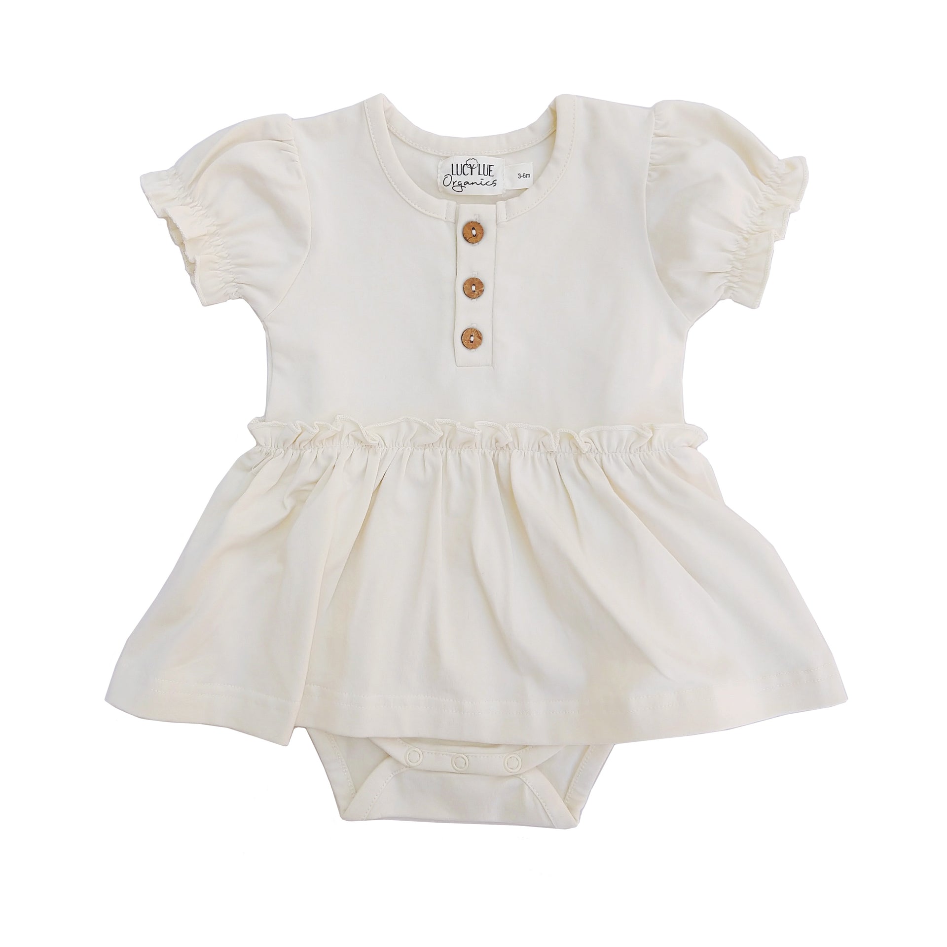 Organic skirted bodysuit. Baby girl dress. Organic baby clothes. Modern baby lcothes. Lucy Lue Organics. button dress for baby girl. Vintage baby girl clothes