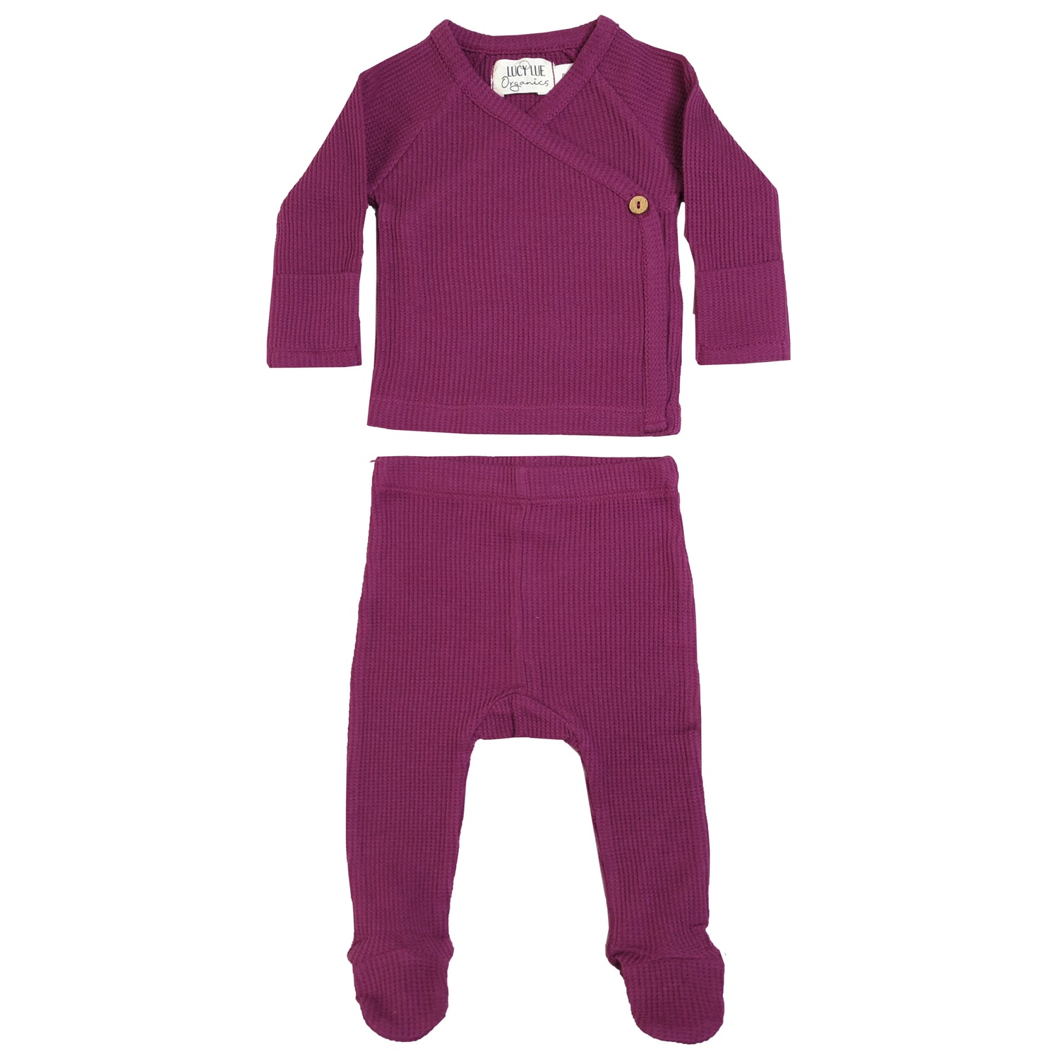 kimono baby top and footed pants, baby kimono shirt, kimono style baby clothes, newborn kimono set, organic waffle baby clothes, baby kimono outfit set, lucy lue organics, organic baby top and bottom set, black-owned baby clothing brand