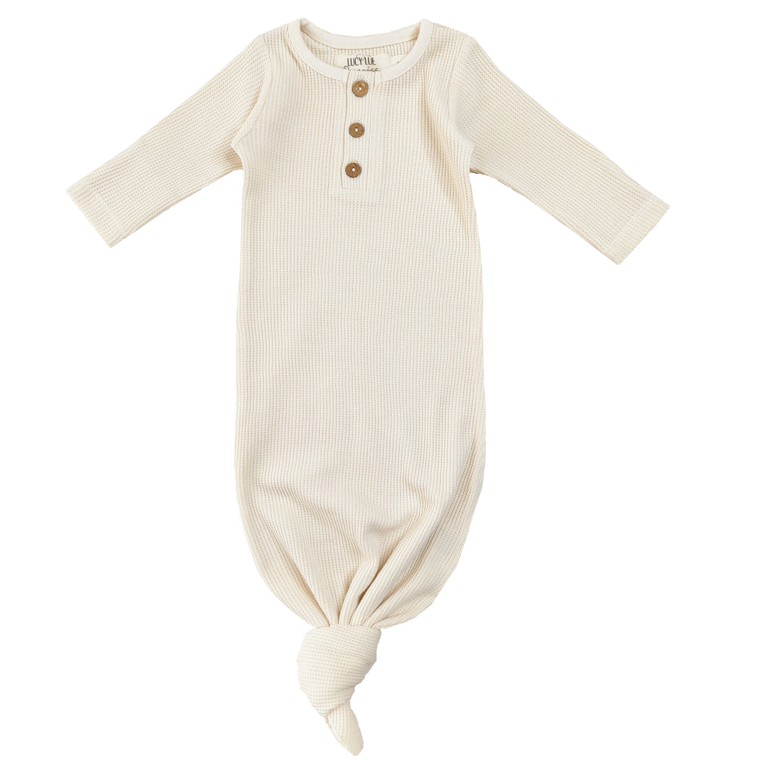 knotted baby gown, knotted baby gown with mittens, knotted button gown, organic waffle knotted gown, baby girl knotted gown, ivory knotted baby gown, baby boy knotted gown, newborn knotted gown, organic baby clothes, lucy lue organics, black-owned baby clothes brand