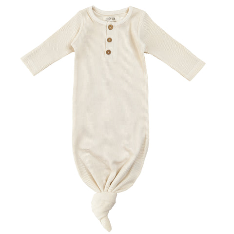 knotted baby gown, knotted baby gown with mittens, knotted button gown, organic waffle knotted gown, baby girl knotted gown, ivory knotted baby gown, baby boy knotted gown, newborn knotted gown, organic baby clothes, lucy lue organics, black-owned baby clothes brand