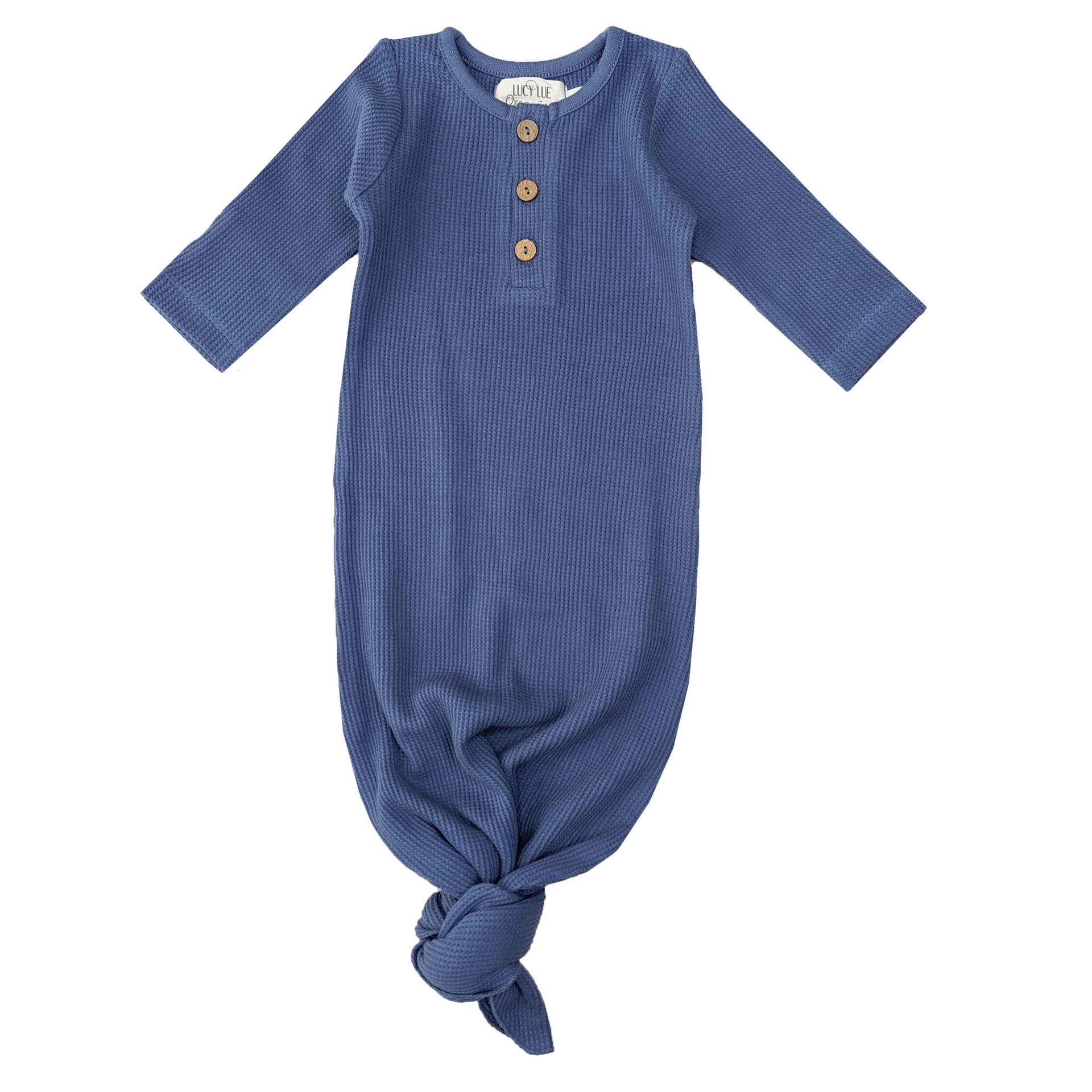 knotted baby gown, knotted baby gown with mittens, knotted button gown, organic waffle knotted gown, baby girl knotted gown, ivory knotted baby gown, baby boy knotted gown, newborn knotted gown, organic baby clothes, lucy lue organics, black-owned baby clothes brand
